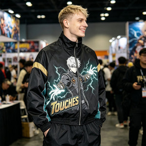 DTG Print Patchwork Anime Bomber Jacket | 100% Polyester Zip Up Streetwear | Custom Streetwear Manufacturer