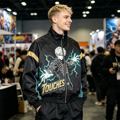 DTG Print Patchwork Anime Bomber Jacket | 100% Polyester Zip Up Streetwear | Custom Streetwear Manufacturer