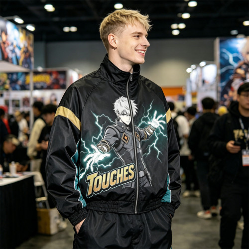 DTG Print Patchwork Anime Bomber Jacket | 100% Polyester Zip Up Streetwear | Custom Streetwear Manufacturer