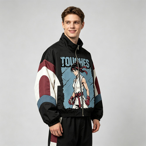Screen Print Patchwork Anime Jacket | Color Block Zip Windbreaker | Custom Streetwear Manufacturer