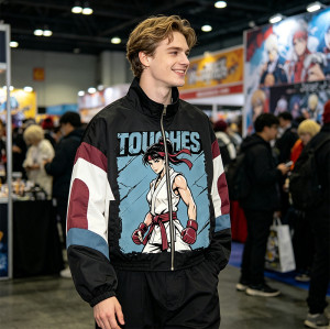 Screen Print Patchwork Anime Jacket | Color Block Zip Windbreaker | Custom Streetwear Manufacturer
