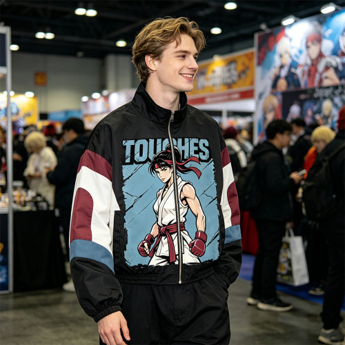 Screen Print Patchwork Anime Jacket | Color Block Zip Windbreaker | Custom Streetwear Manufacturer