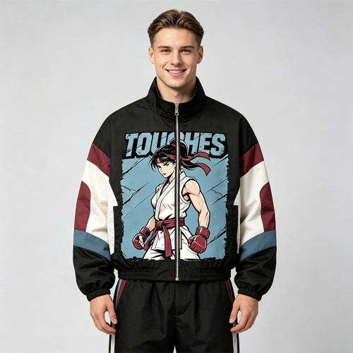 Screen Print Patchwork Anime Jacket | Color Block Zip Windbreaker | Custom Streetwear Manufacturer