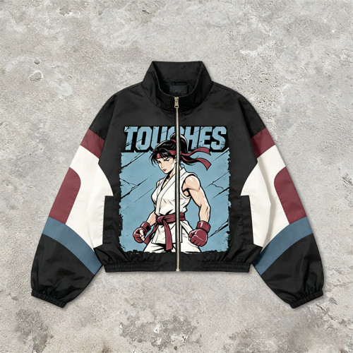 Screen Print Patchwork Anime Jacket | Color Block Zip Windbreaker | Custom Streetwear Manufacturer