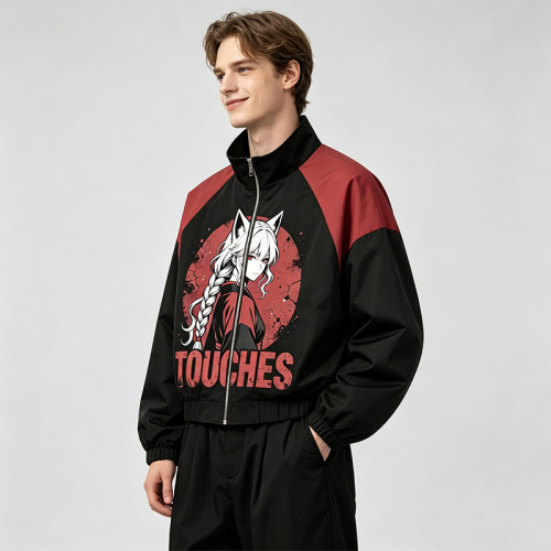 Patchwork Rubber Print Anime Fox Girl Cropped Jacket | Raglan Color Block Zip Coat | Clothing Manufacturer