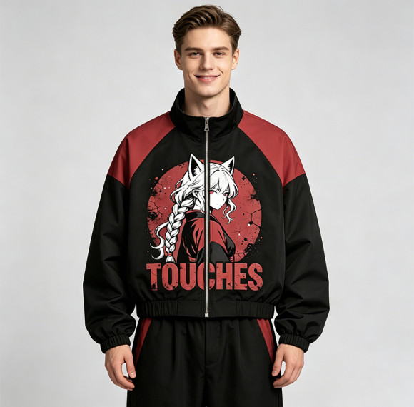 Patchwork Rubber Print Anime Fox Girl Cropped Jacket | Raglan Color Block Zip Coat | Clothing Manufacturer