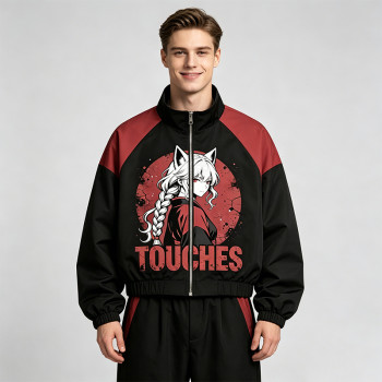 Patchwork Rubber Print Anime Fox Girl Cropped Jacket | Raglan Color Block Zip Coat | Clothing Manufacturer