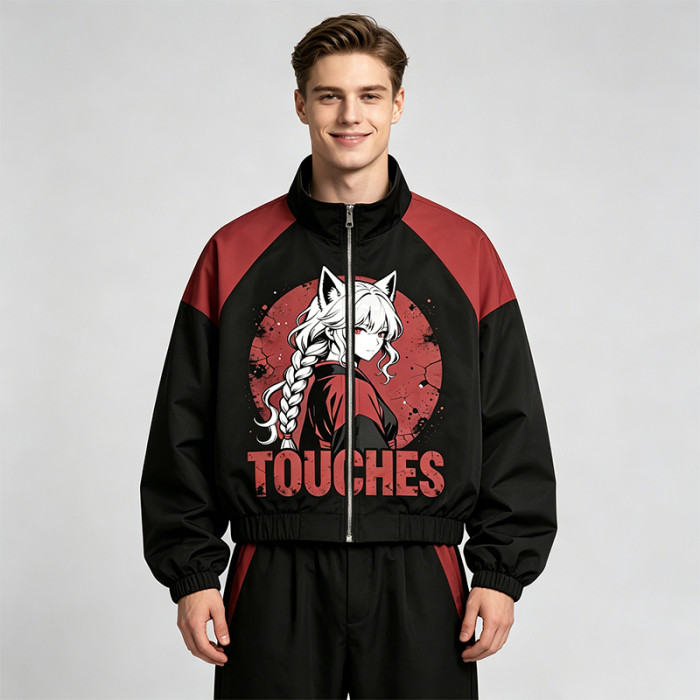 Patchwork Rubber Print Anime Fox Girl Cropped Jacket | Raglan Color Block Zip Coat | Clothing Manufacturer