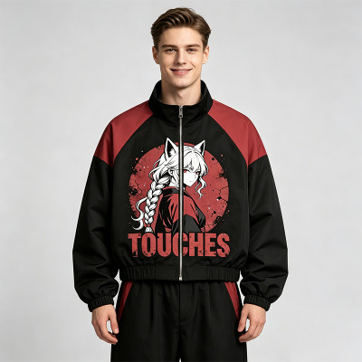 Patchwork Rubber Print Anime Fox Girl Cropped Jacket | Raglan Color Block Zip Coat | Clothing Manufacturer