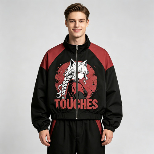 Patchwork Rubber Print Anime Fox Girl Cropped Jacket | Raglan Color Block Zip Coat | Clothing Manufacturer