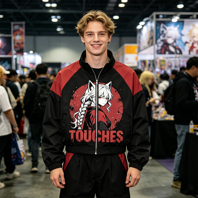 Patchwork Rubber Print Anime Fox Girl Cropped Jacket