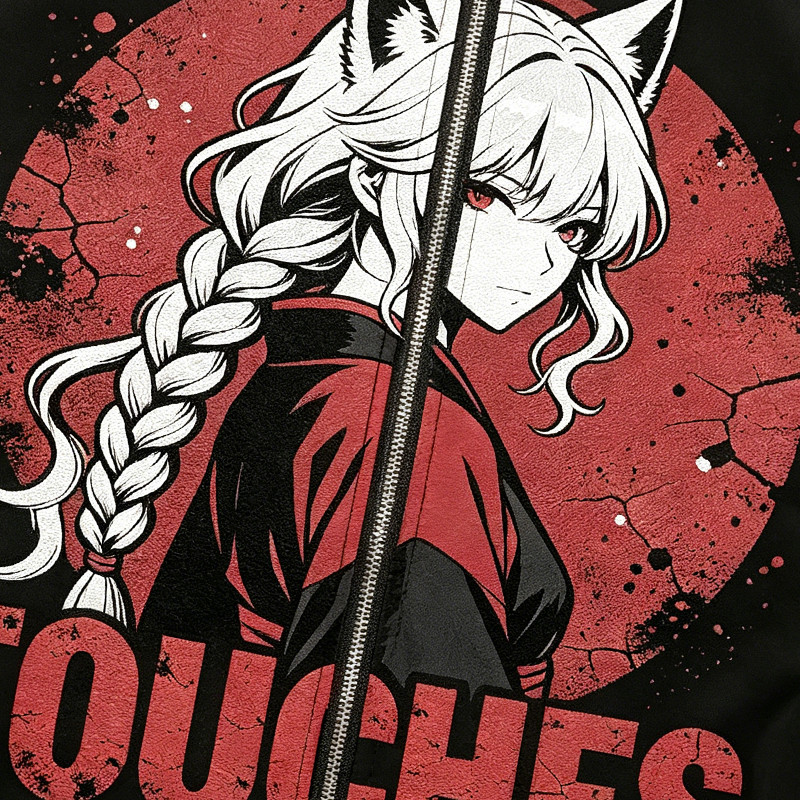 Patchwork Rubber Print Anime Fox Girl Cropped Jacket