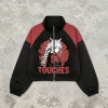 Patchwork Rubber Print Anime Fox Girl Cropped Jacket | Raglan Color Block Zip Coat | Clothing Manufacturer