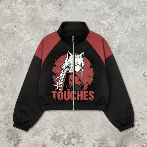 Patchwork Rubber Print Anime Fox Girl Cropped Jacket | Raglan Color Block Zip Coat | Clothing Manufacturer