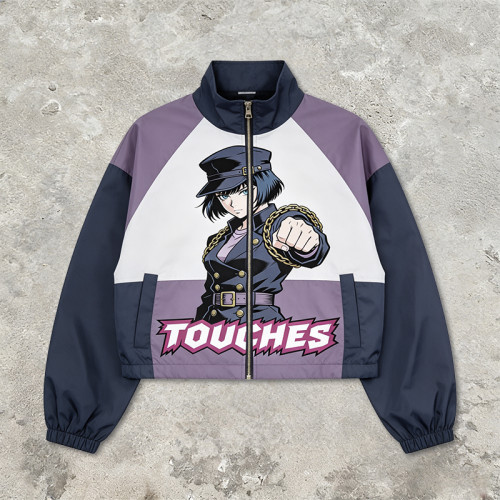 Screen Print Color Block Patchwork Jacket | Anime Cropped Windbreaker | Custom Streetwear Manufacturer