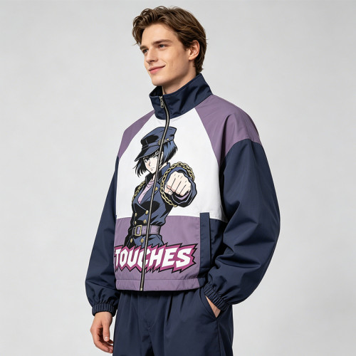 Screen Print Color Block Patchwork Jacket | Anime Cropped Windbreaker | Custom Streetwear Manufacturer