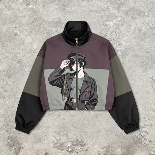 Patchwork DTG Print Anime Lady Jacket | Color Block Cropped Windbreaker | Custom Clothing Manufacturer