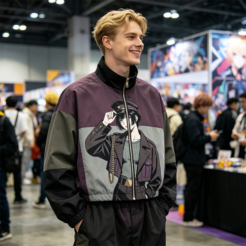 Patchwork DTG Print Anime Lady Jacket | Color Block Cropped Windbreaker | Custom Clothing Manufacturer