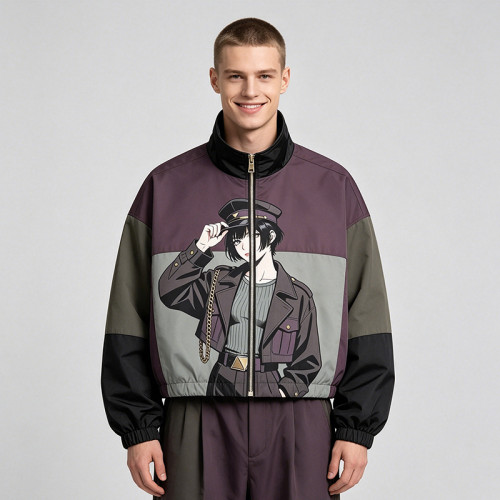 Patchwork DTG Print Anime Lady Jacket | Color Block Cropped Windbreaker | Custom Clothing Manufacturer