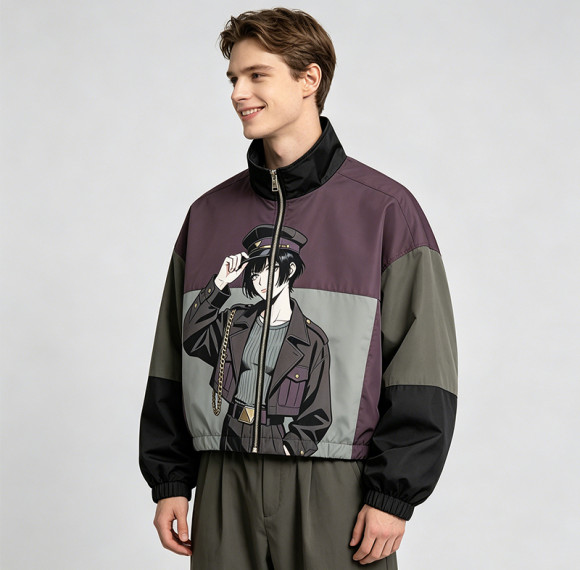 Patchwork DTG Print Anime Lady Jacket | Color Block Cropped Windbreaker | Custom Clothing Manufacturer
