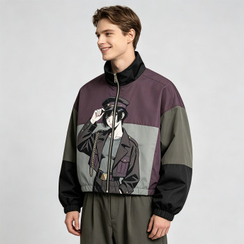 Patchwork DTG Print Anime Lady Jacket | Color Block Cropped Windbreaker | Custom Clothing Manufacturer