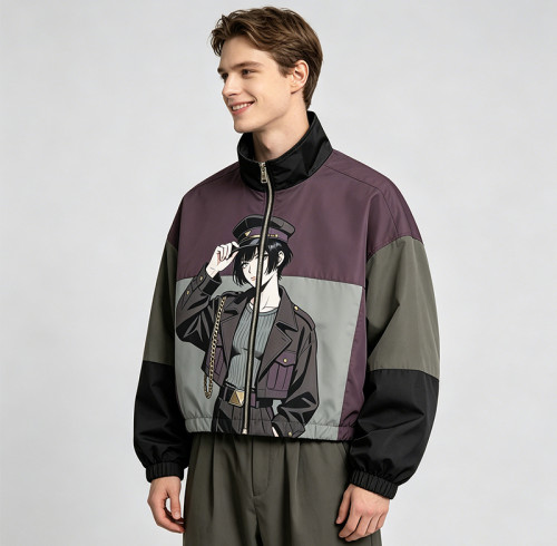 Patchwork DTG Print Anime Lady Jacket | Color Block Cropped Windbreaker | Custom Clothing Manufacturer