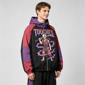 Patchwork DTG Print Anime Samurai Jacket | Color Block Hooded Windbreaker | Clothing Manufacturer
