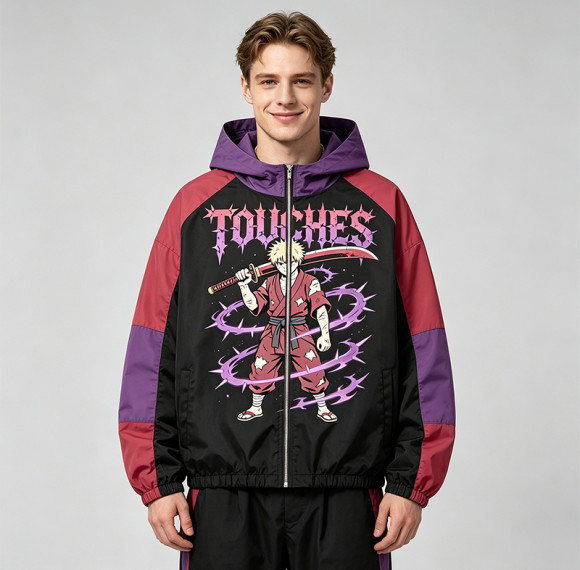Patchwork DTG Print Anime Samurai Jacket | Color Block Hooded Windbreaker | Clothing Manufacturer