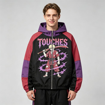 Patchwork DTG Print Anime Samurai Jacket | Color Block Hooded Windbreaker | Clothing Manufacturer
