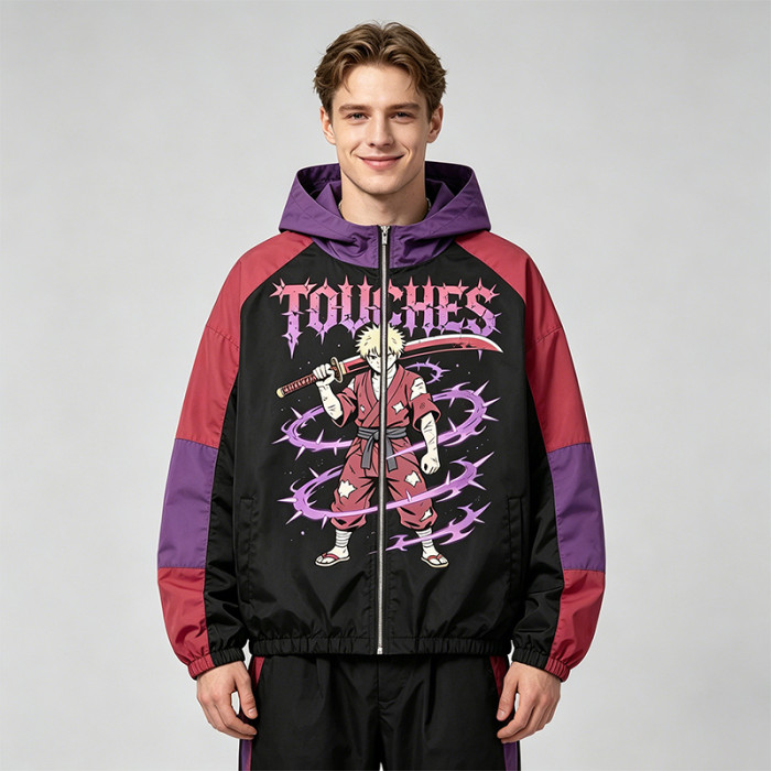 Patchwork DTG Print Anime Samurai Jacket | Color Block Hooded Windbreaker | Clothing Manufacturer
