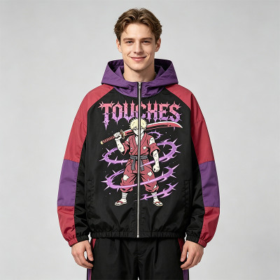 Patchwork DTG Print Anime Samurai Jacket | Color Block Hooded Windbreaker | Clothing Manufacturer