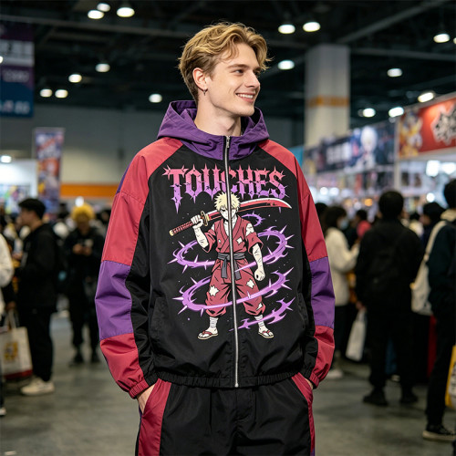 Patchwork DTG Print Anime Samurai Jacket | Color Block Hooded Windbreaker | Clothing Manufacturer