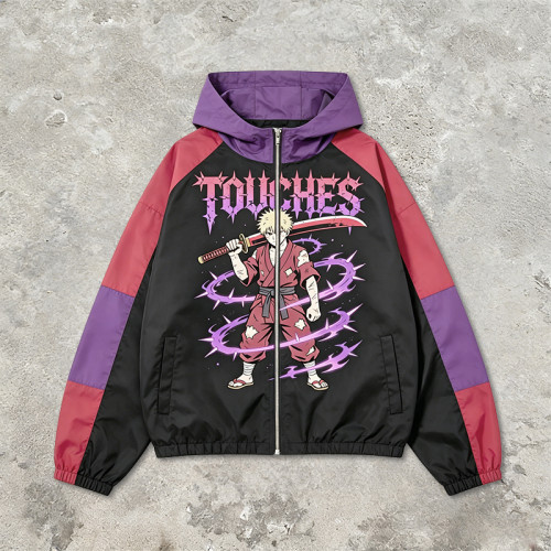 Patchwork DTG Print Anime Samurai Jacket | Color Block Hooded Windbreaker | Clothing Manufacturer
