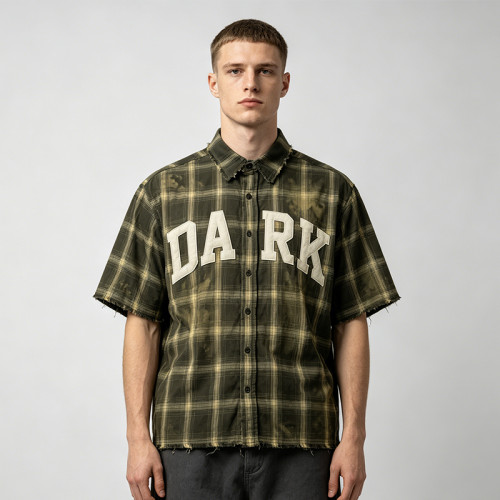Custom Vintage Streetwear Clothing Plaid Shirt — Washed Distressed with Patch Embroidery