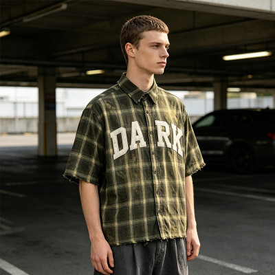 Custom Vintage Streetwear Clothing Plaid Shirt — Washed Distressed with Patch Embroidery