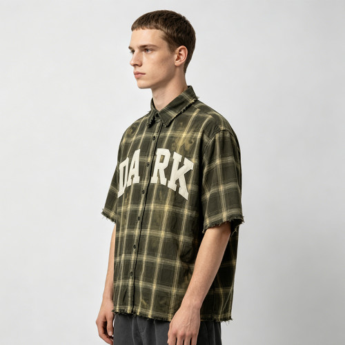 Custom Vintage Streetwear Clothing Plaid Shirt — Washed Distressed with Patch Embroidery