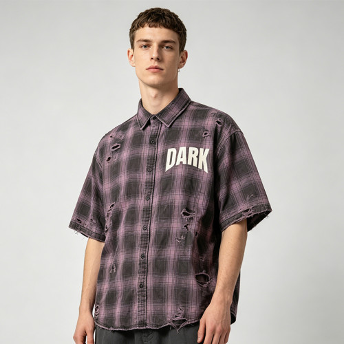 Custom Vintage Streetwear Clothing Washed Plaid Shirt — Ripped Distressed with Screen Print