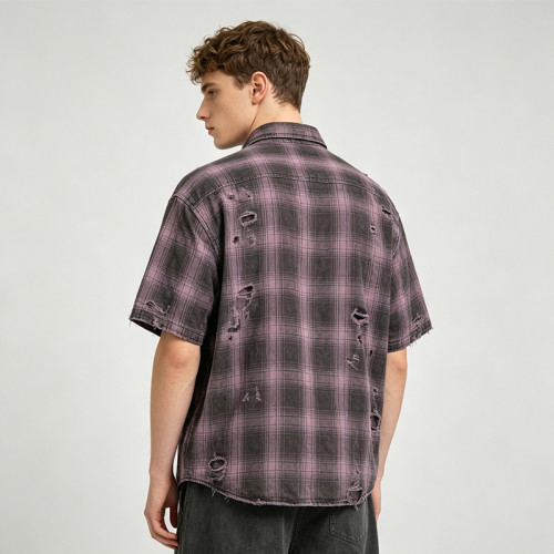 Custom Vintage Streetwear Clothing Washed Plaid Shirt — Ripped Distressed with Screen Print