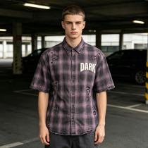 Custom Vintage Streetwear Clothing Washed Plaid Shirt — Ripped Distressed with Screen Print