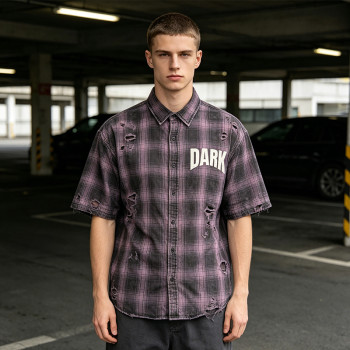 Custom Vintage Streetwear Clothing Washed Plaid Shirt — Ripped Distressed with Screen Print