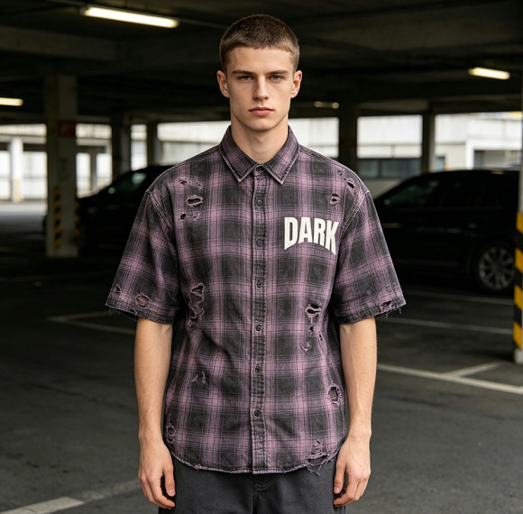 Custom Vintage Streetwear Clothing Washed Plaid Shirt — Ripped Distressed with Screen Print