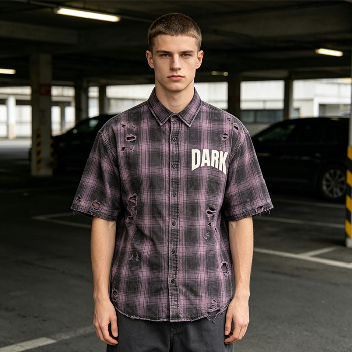 Custom Vintage Streetwear Clothing Washed Plaid Shirt — Ripped Distressed with Screen Print