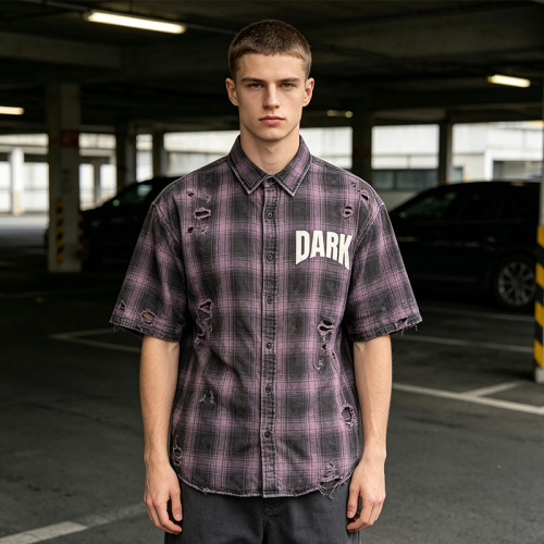 Custom Vintage Streetwear Clothing Washed Plaid Shirt — Ripped Distressed with Screen Print