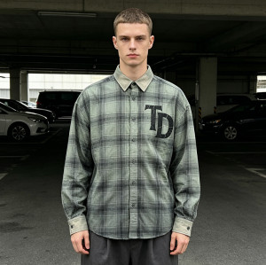 Custom Vintage Streetwear Clothing Spray Dye Plaid Shirt — Washed with Screen Print