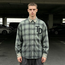 Custom Vintage Streetwear Clothing Spray Dye Plaid Shirt — Washed with Screen Print