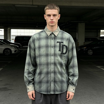 Custom Vintage Streetwear Clothing Spray Dye Plaid Shirt — Washed with Screen Print