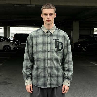Custom Vintage Streetwear Clothing Spray Dye Plaid Shirt — Washed with Screen Print