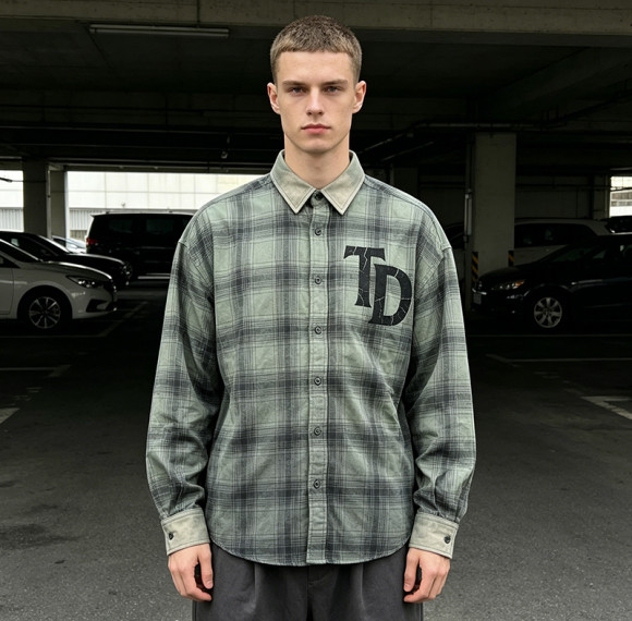 Custom Vintage Streetwear Clothing Spray Dye Plaid Shirt — Washed with Screen Print