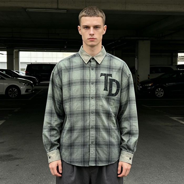 Custom Vintage Streetwear Clothing Spray Dye Plaid Shirt — Washed with Screen Print
