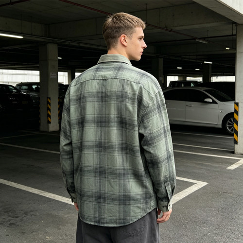 Custom Vintage Streetwear Clothing Spray Dye Plaid Shirt — Washed with Screen Print